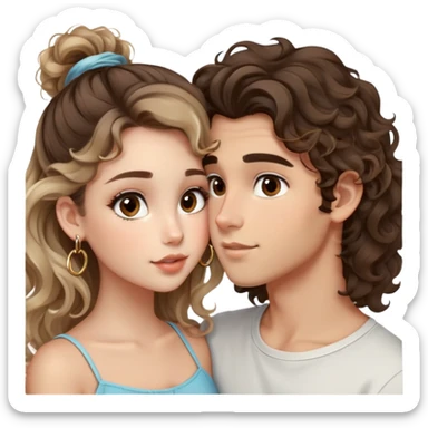 cute girl long brunette balayage curly/wavy not voluminous hair, brown eyes, hoop earrings, natural pretty clean makeup: kissing on the cheek a cute boy blondish straight messy hair and brown eyes sticker