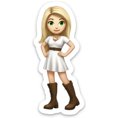 Realistic White girl with Long straight blonde hair, green eyes, tattoos, full body wearing white dress and Brown knee-high leather boots, dancing sticker
