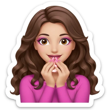 girl with long wavy brown hair, brown eyes, long lashes makeup, sexy pink lips, light to medium complexion, wearing a pink sexy top, smiling, hands covering over the eyes sticker