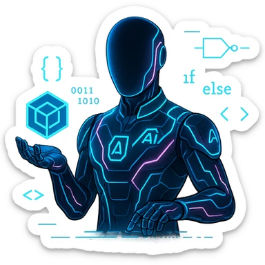 sleek faceless humanoid in an AI suit with neon circuits, holding a floating cube logo in one hand, the other hand typing on an invisible interface, with code and logic elements around, futuristic digital style sticker