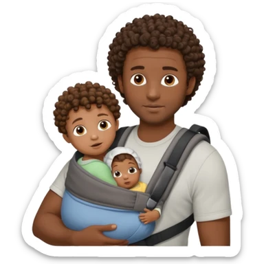 Very dark skinned black dad with brown curly haired baby in carrier, babies back of head only visible because face is on dad's chest. Dad has model like features sticker