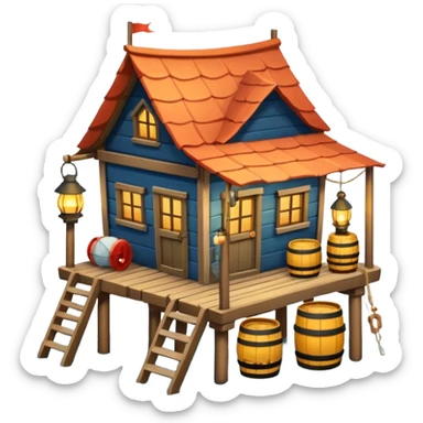 
fisherman house on a wooden pier, small dock, fishing nets hanging, barrels, lantern, ocean vibe, 3D cartoon, cute mobile game icon, clean background, no text
 sticker