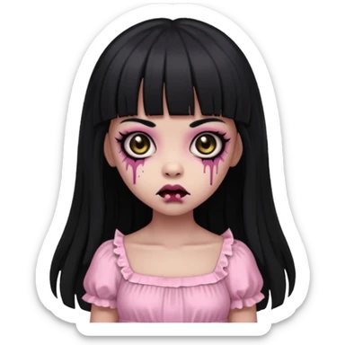 light-skinned Black zombie girl with black eyes, long black hair with bangs, wearing a light pink dress sticker