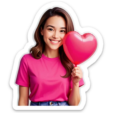 a woman smiling wearing pink shirt holding a heart shaped balloon sticker