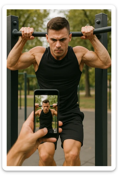 uomo che fa Muscle up e si sta filmando davanti con il telefonino per vedere la sua posizione dei gomiti e delle mani sulla sbarra sticker