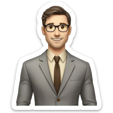 Pale skinned fit man with dark brown hair in gray jacket, beige office shirt, brown tie, brown pants and vintage glasses Writing on the marker board sticker