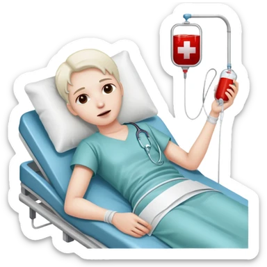patient lying in a hospital bed with a blood bag connected to their arm sticker