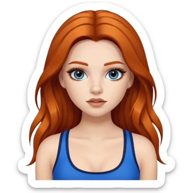 Pale girl with long black/brown hair with ginger streaks,wearing fake lashes,latina baddie makeup and a blue crop top sticker