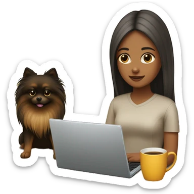 girl with long hair working on laptop, while her black-and-tan pomeranian is next to her sticker