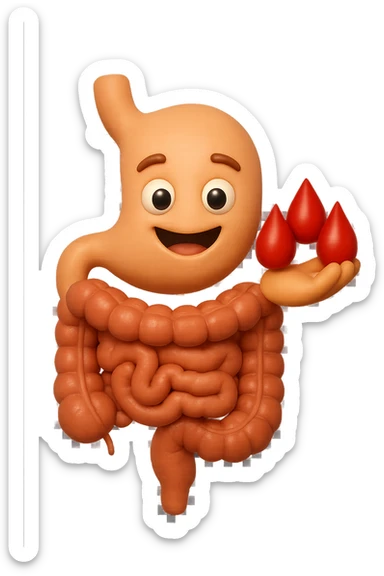 emoji stile iphone 3d di stomaco e intestino collegati verticalmente con 3 gocce di sangue 3d in mano, iperrealistiche 4k sticker