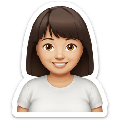 middle aged woman with tan skin, long dark brown hair with blunt cut bangs, chubby face, brown eyes, smiling without teeth showing, white tee shirt sticker