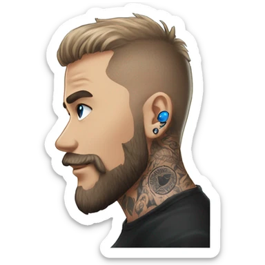 Man with Light brown hair, neck tattoos, arm tattoos, mustache and beard, blue eyes, silver nose piercing hoop, black anime graphic tee sticker