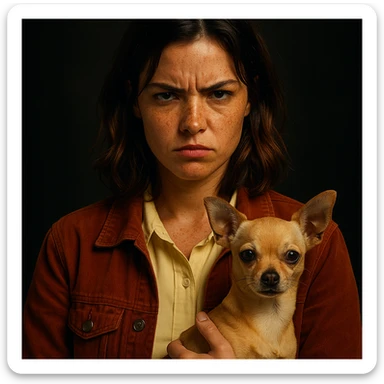 portrait Netflix series style, woman with tanned skin, freckles, pale yellow shirt #FFF8CA, rust jacket, medium-length brown hair with auburn highlights, rebellious expression, beige-brown chihuahua, dark background sticker