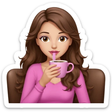 girl with long wavy brown hair, brown eyes, light to medium complexion, in a pink sexy top, pink lips, long lashes sipping coffee sticker