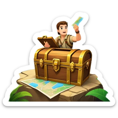 Icon for Adventure Movie: A vibrant, cinematic poster-style design featuring an action-packed scene. Include an adventurer with a map, a treasure chest, a jungle background, a towering mountain, and ancient ruins. Bright colors, bold typography, and an exciting atmosphere. Transparent background. sticker