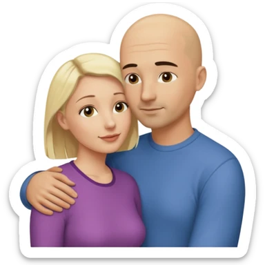 The image of a couple in their thirties tenderly embracing. In casual attire. He is bald, with a few days' black stubble. She is a head shorter than him, and blonde. They embrace in a loving embrace, facing each other. sticker