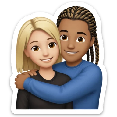 dirty blonde girl with straight hair and medium toned guy with black cornrows hair hugging sticker