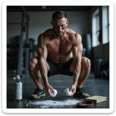 30-year-old muscular man, sweaty, performing heavy squat in gym, hands with chalk, training diary nearby, dark circles and redness on joints, water bottle, magnesium, belt on floor, blurred real gym background, cold lighting, cinematic realism style sticker