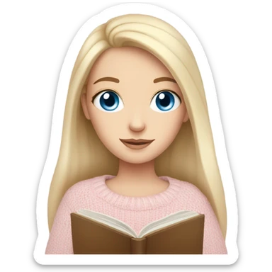 Pretty blue eyed white girl with light pink sweater reading cozy sticker
