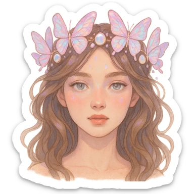 Change the butterfly crown to opal pink with iridescent butterflies and moonstone gems, magical and dreamy. Keep the background transparent. sticker