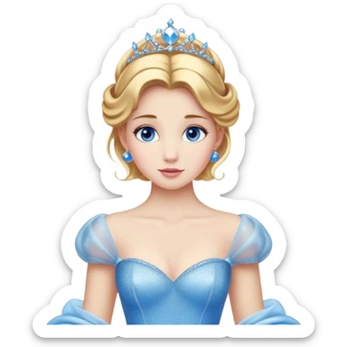 Cinematic Stunning Cinderella Portrait Emoji, Radiant in her sparkling blue ball gown, golden hair in a perfect updo, soft blue eyes full of wonder, glistening tiara, glowing with an ethereal beauty, regal yet kind, a dreamlike aura surrounds her, capturing the essence of a fairy tale princess, elegant and breathtaking! sticker