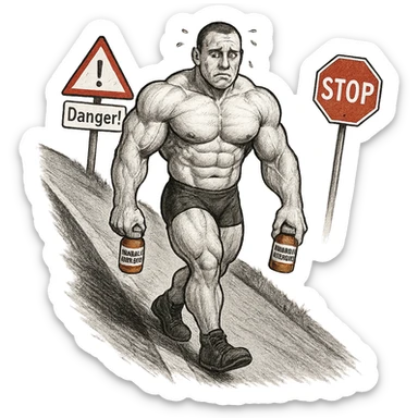 bodybuilder walking down a downhill road with 'Danger!' and 'Stop' signs, holding bottles of anabolic steroids, worried expression, risky atmosphere, isolated on white background sticker