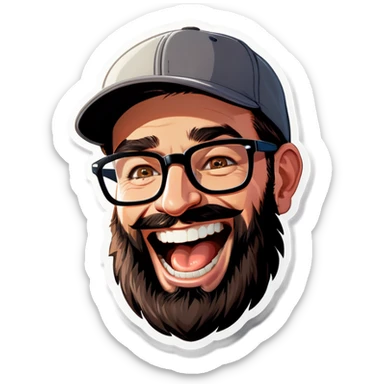 A man with a grey baseball cap, hazel eyes, big dark brown beard and glasses, laughing sticker