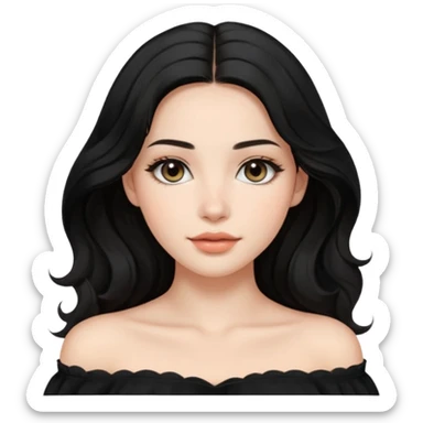 A realistic 3D avatar of a young woman with a soft oval face, slim cheeks, natural almond eyes, long wavy black hair, minimal makeup, wearing a black off-shoulder top, elegant and aesthetic, not cartoonish. sticker