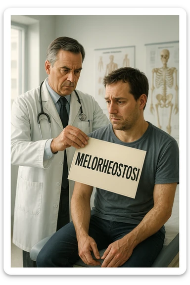 A realistic, cinematic illustration set in a bright, modern medical office. A middle-aged doctor in a white lab coat with a serious expression is shown gently placing a large paper label on the shoulder of a male patient sitting on the examination table. The label has the word 'Meloreostosi' written on it, symbolizing the act of labeling the patient with his rare bone condition. The patient looks confused and slightly disheartened, wearing a simple t-shirt with part of his arm exposed, showing subtle signs of bone thickening or deformation associated with melorheostosis. The background includes medical charts and a softly blurred skeleton model, emphasizing the medical setting. The lighting is bright but neutral, conveying a sterile, clinical atmosphere while focusing on the symbolic moment of receiving a diagnosis label. The mood is introspective and slightly heavy, illustrating the emotional weight of being defined by a rare chronic condition in italiano sticker