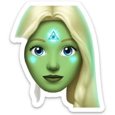nordic pleiadian in green clothing with thin face long blonde hair and blue eyes third eye glowing sticker