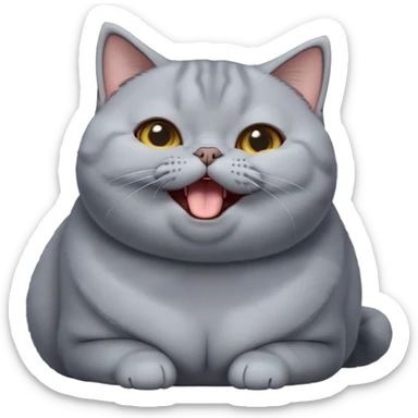 Cinematic Cute Chubby Grey British Shorthair Cat Portrait Emoji, Head tilted playfully and yawning, round and plump body with sleek soft grey fur and subtle blue undertones, Simplified yet adorable features, highly detailed, glowing with a warm, friendly glow, high shine, curious yet calm, stylized with a touch of whimsy, bright and endearing, soft glowing outline, capturing the essence of a mischievous yet loving and lazy kitty, so cute it feels like it could stretch out of the screen and cuddle! sticker