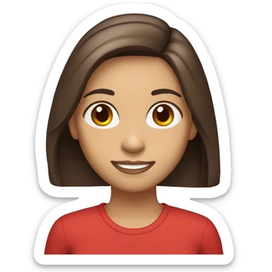 smiling woman with light to medium skin, straight dark brown hair with middle part red shirt  sticker