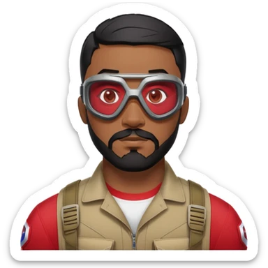 sam wilson with  short, neatly cropped black hair and a well-groomed beard that connects to his mustache,  wear sleek, red-tinted tactical goggles fit snugly from captain america: civil war sticker