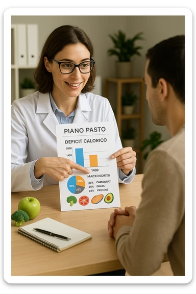 a nutritionist sits at a desk with a client, showing a personalized meal plan and a chart that clearly displays the client’s specific daily caloric deficit. The nutritionist points to the chart, which includes recommended calories, macronutrient breakdown, and healthy food options. The mood is professional, supportive, and educational. scritte in italiano sticker