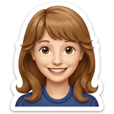 60 yr old woman, small brown eyes, long wavy light brown hair, bangs,  sticker