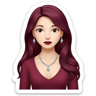 young glamorous woman 
Long waist-long hair
middle part
slightly wavy
dark burgundy hair 
 sticker