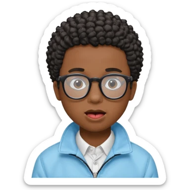A dark-skinned boy with short curly hair, wearing square black-framed glasses, is sticking out his tongue and is wearing a light blue jacket. The figure is seen from the shoulders up. sticker