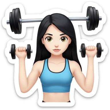 Pale girl with long black hair lifting weights sticker
