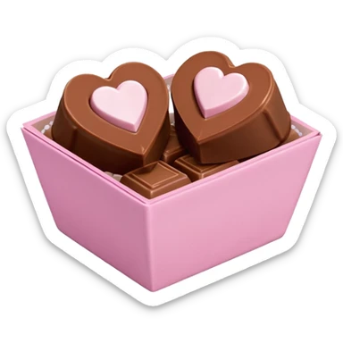 Two square milk chocolate 2 pralines only, Each praline is a sharp-edged cube with smooth glossy chocolate coating, placed in a small white fluted paper candy cup. On top of each cube is a flat pastel pink heart-shaped icing, thin and smooth, slightly translucent, with fine sugar crystal sparkle. sticker