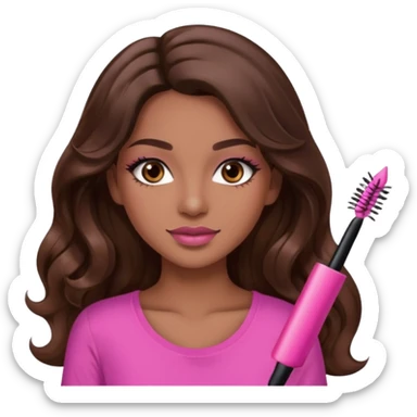 gorgeous woman, light brown skin, dark brown eyes, long wavy brown hair, pink top, wearing clear lipgloss and mascara  sticker