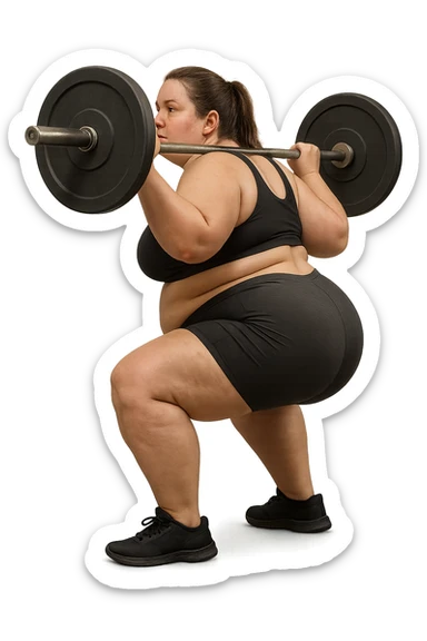 donna leggermente in sovrappeso con lipedema alle gambe che fa uno squat di profilo con bilanciere, IPERREALISTICA 4K sticker