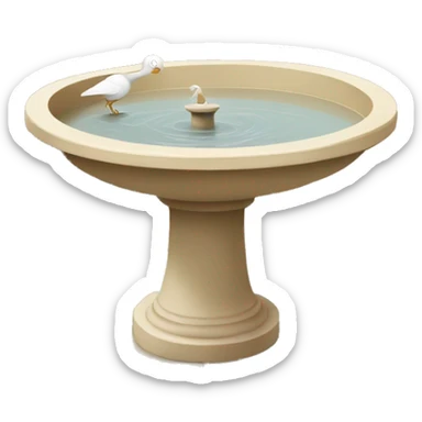 beige bird bath with a small white bird in courtyard  sticker