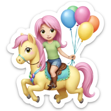 fluttershy mlp holding colorful balloons tied to its saddle, looking cheerful. sticker