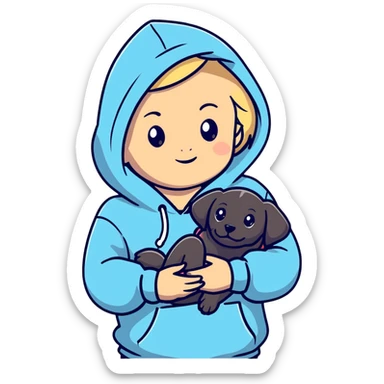 Blonde girl with smooth hair and a center part, light skin with freckles, wearing a hoodie and carrying a black baby labrador puppy in her arms sticker