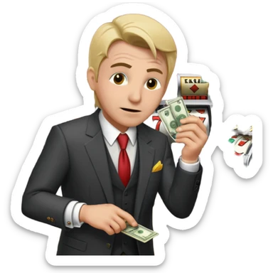 frantic gambler scraping a slot machine, money pouring out, distressed expression, casino setting sticker