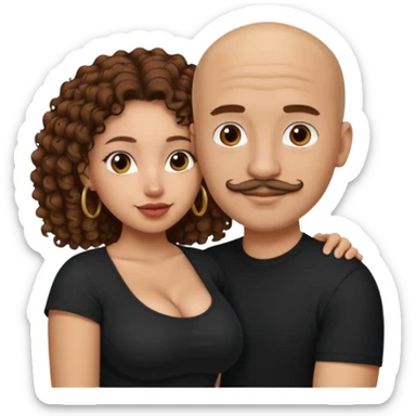 A mixed girl, the girl is wearing a black shirt, the girl has brown curly hair  and the girl has big boobs. A Mexican man is embracing her, with bald hair and a short mustache  sticker