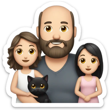 Family photo a fat husband with a beard is holding a white cat and wife with straight hair is holding a black cat sticker