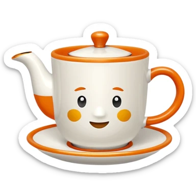 Hermès-style cup of tea with minimal design, Hermès orange handle, gold rim, cute emoji style sticker