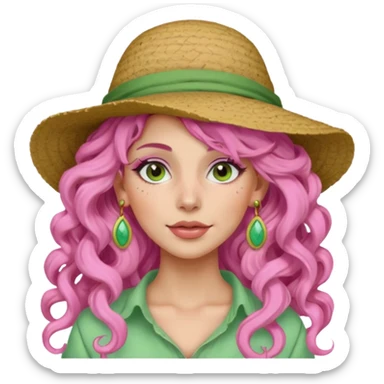 pink haired very long curly haired woman with full face light green clay mask  and big earrings and hat sticker