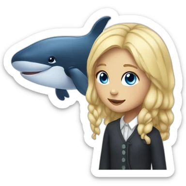 A whale as a staffed animal with a blonde girl with blue eyes and blond hair sticker